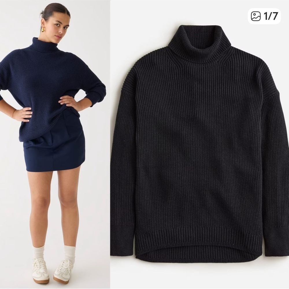 J.Crew Chunky Ribbed Cotton/Cashmere Blend Oversized Black Turtleneck Sweater,XS